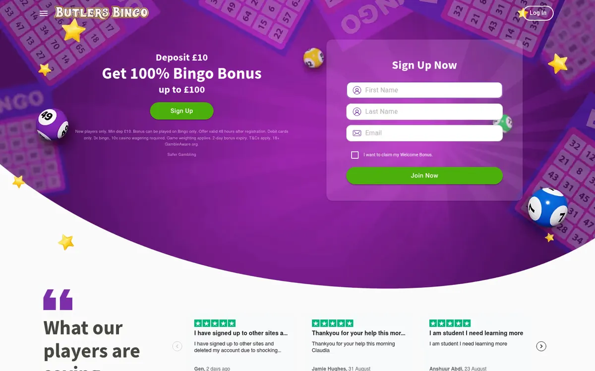 Butlers Bingo homepage