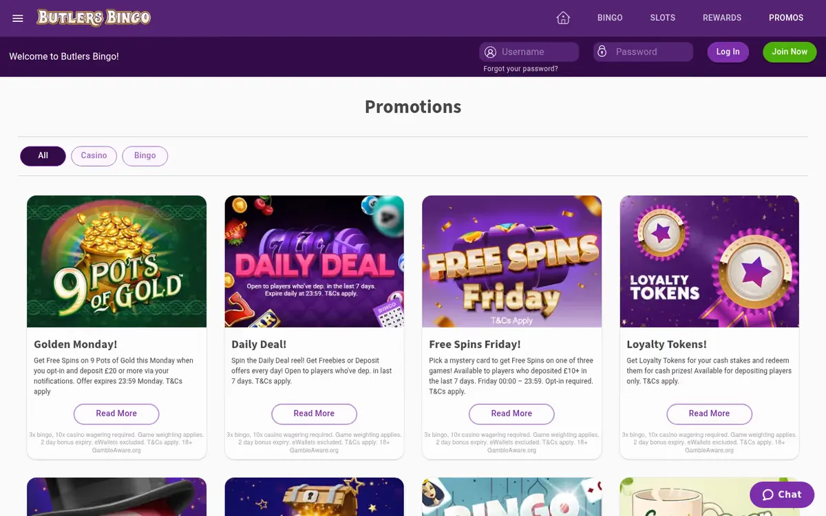 Butlers Bingo promotions page