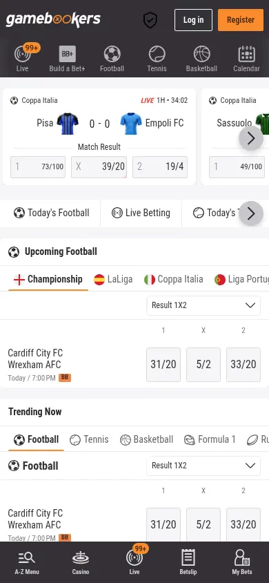 Gamebookers mobile site