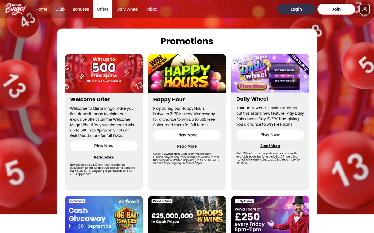 Mirror Bingo promotions page
