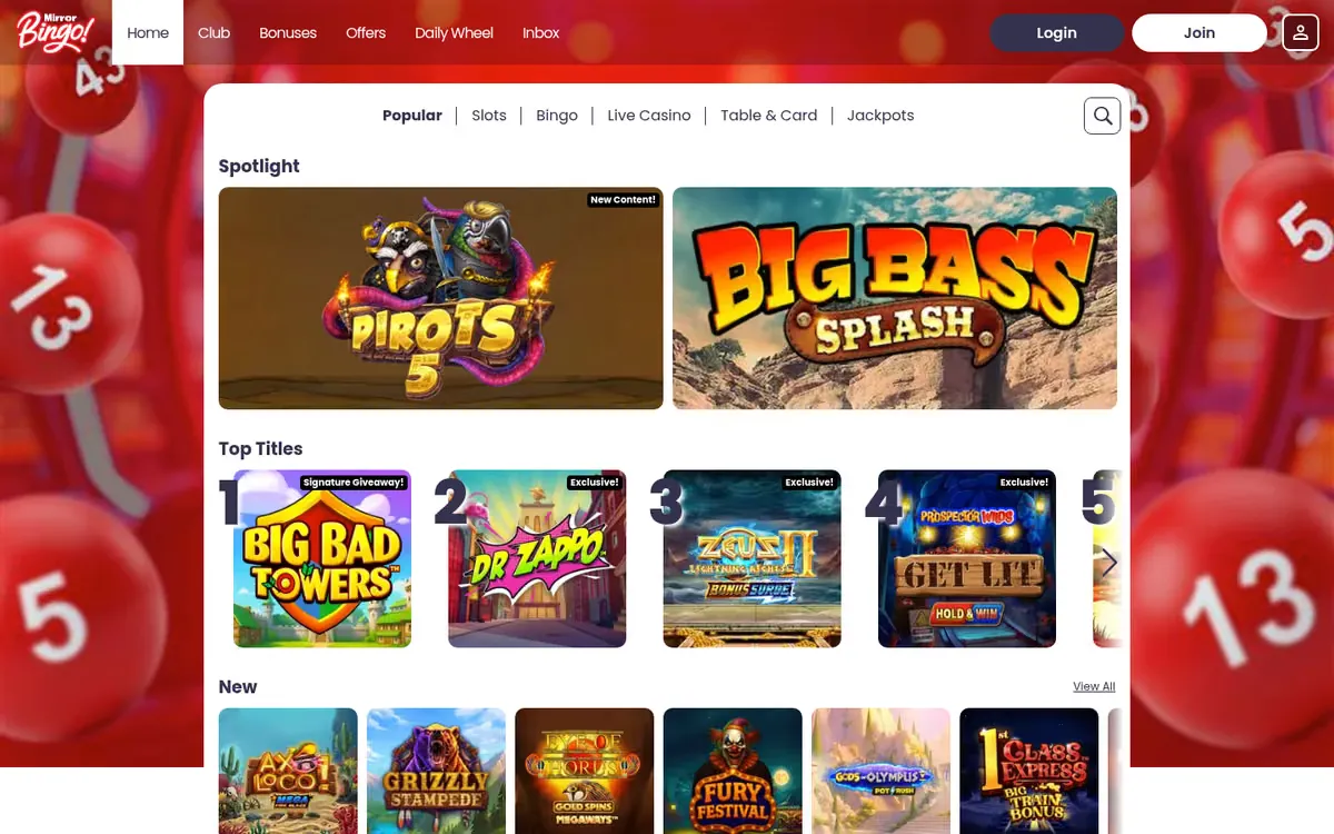 Mirror Bingo slots lobby