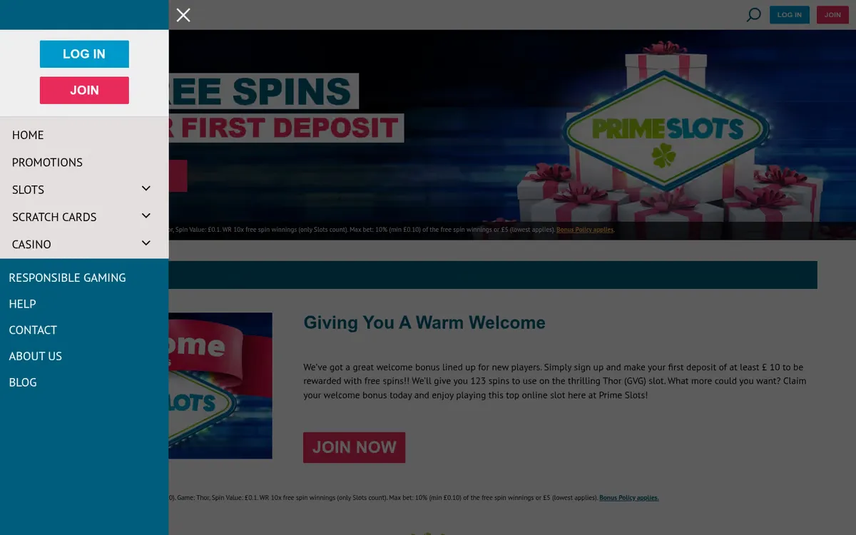 Prime Slots promotions page