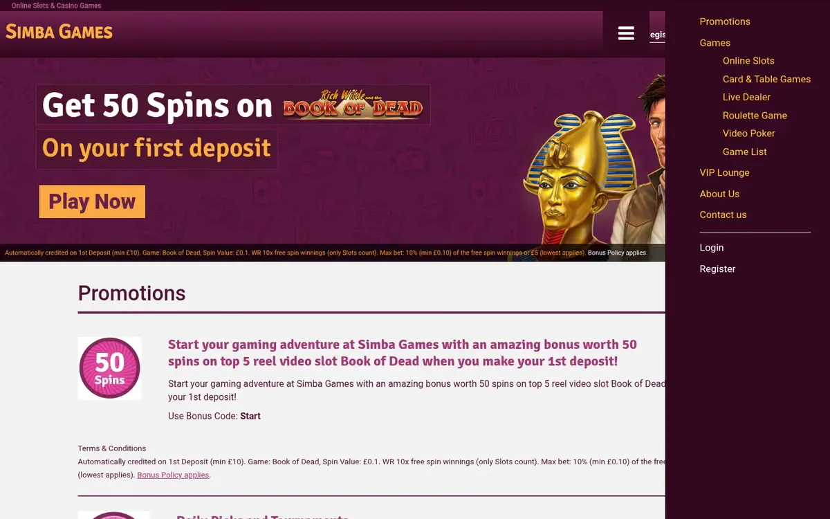 Simba Games promotions page