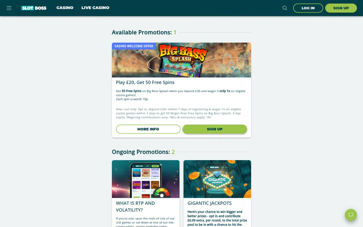 Slot Boss promotions page