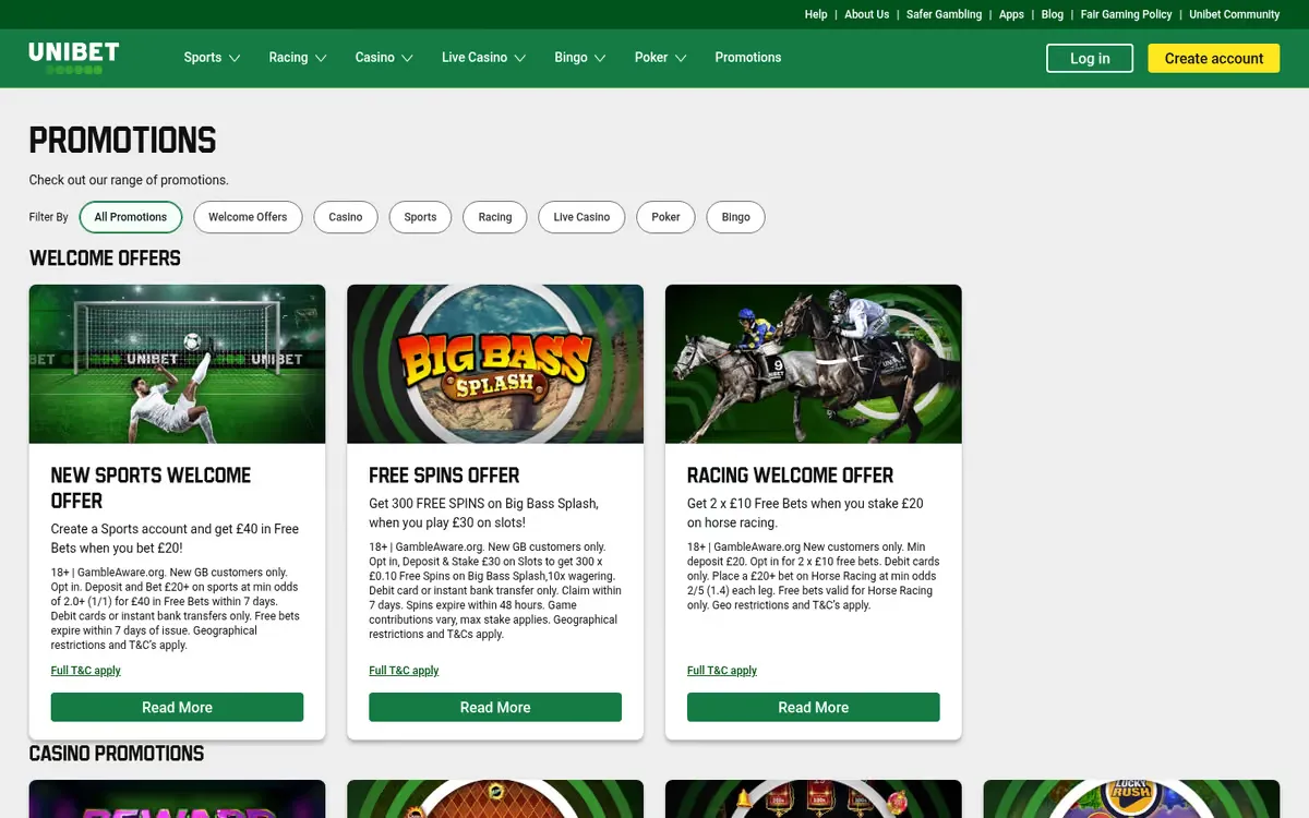 Unibet promotions page