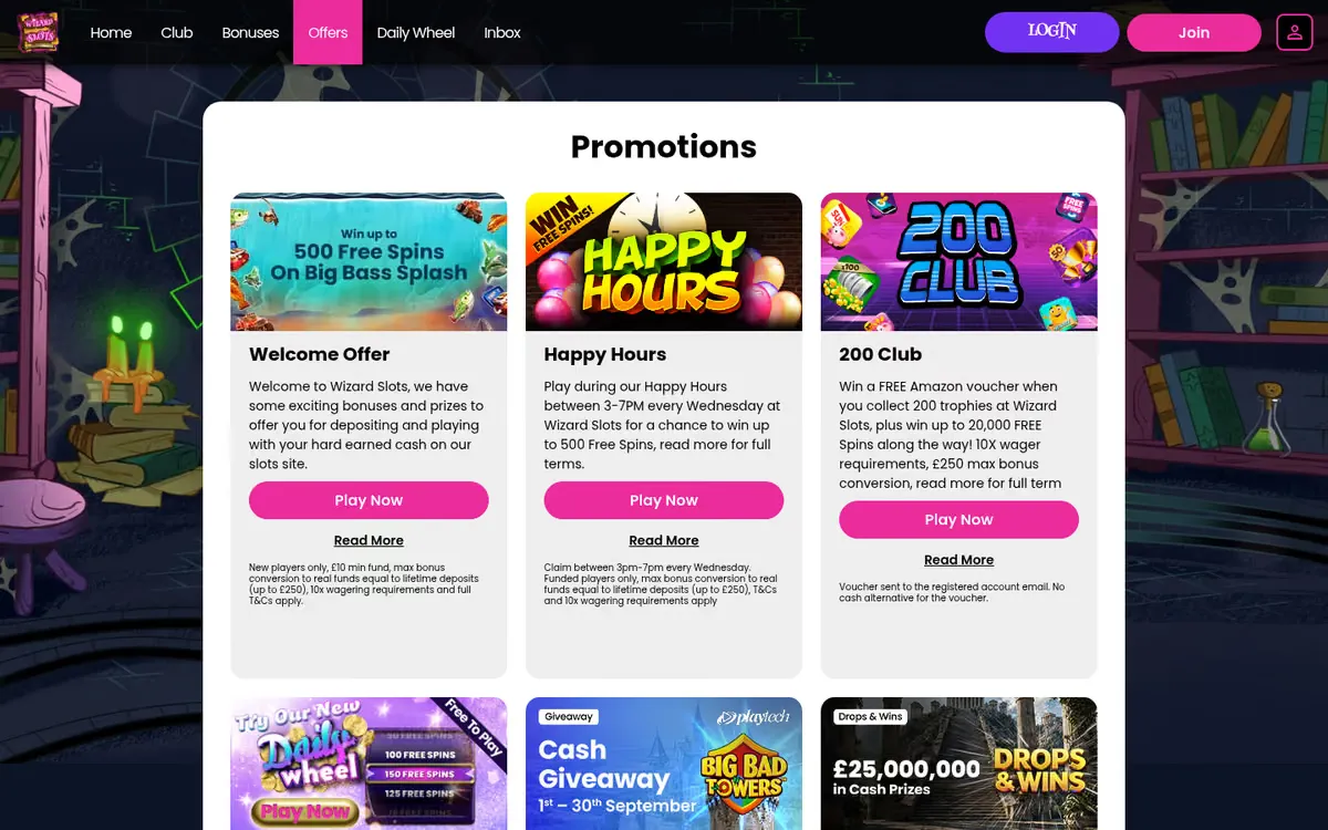 Wizard Slots promotions page